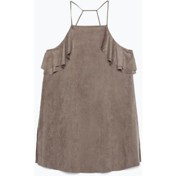 Zara Tops - ZARA Olive faux suede thin strap frill tank top S
